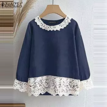 ZANZEA Женская мода круглый вырез длинный рукав кружева контрастного цвета блузки M оранжевый