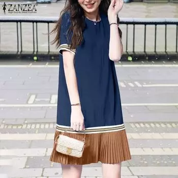 ZANZEA Женская мода круглый вырез длинный рукав цветные платья 5XL темно-зеленого