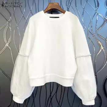 ZANZEA Женская мода круглый вырез длинный рукав жемчужный пэчворк пуловер толстовки M белый