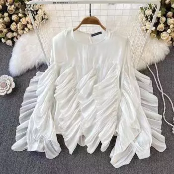 ZANZEA Женская мода круглый вырез длинный рукав оборка блузки подол 4XL белый