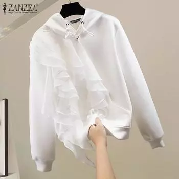 ZANZEA Женская мода круглый вырез длинный рукав многослойные оборки капюшон толстовки 4XL ярко-розовый