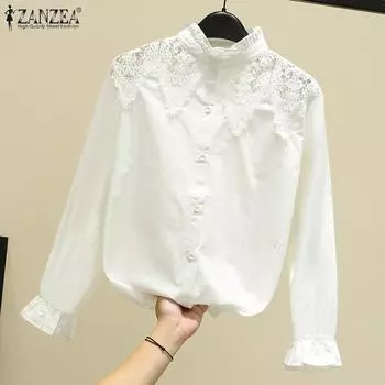 ZANZEA Женская мода Круглый вырез Длинный рукав Кружева Полые Воланы Рубашки S белый
