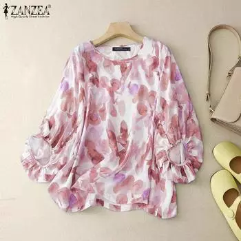 ZANZEA Женская мода круглый вырез фонарь 3/4 рукав блузки с принтом S зелёный