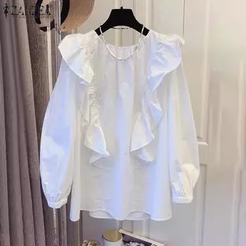 ZANZEA Женская мода круглый вырез фонарь длинный рукав блузки с оборками S белый