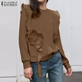 ZANZEA Женская мода круглый вырез фонарь длинный рукав цветочные толстовки S чёрный