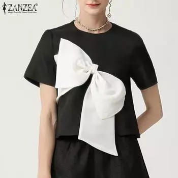ZANZEA Женская мода круглый вырез короткий рукав галстук цветные блоки блузки S чёрный