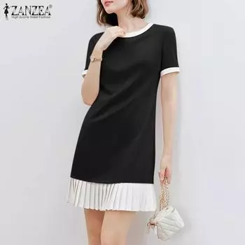 ZANZEA Женская мода Круглый вырез Короткий рукав Цветные блоки Талия Платья 5XL чёрный