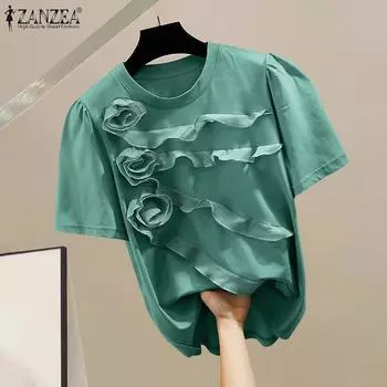ZANZEA Женская мода Круглый вырез Трехмерный цветок Короткие рукава Блузки S зелёный