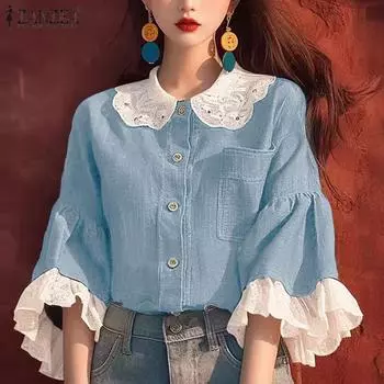 ZANZEA Женская мода кружевные лацканы расклешенные 3/4 рукава пэчворк рубашки M чёрный