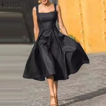 ZANZEA Женская мода квадратный вырез без рукавов карман платья 3XL тёмно-синий