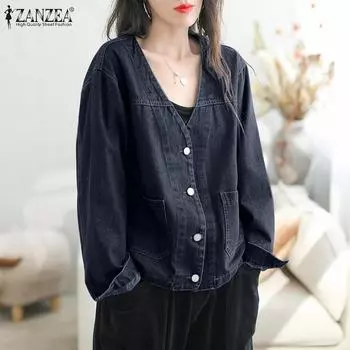 ZANZEA женская мода однотонная свободная куртка с карманами и длинными рукавами S синий