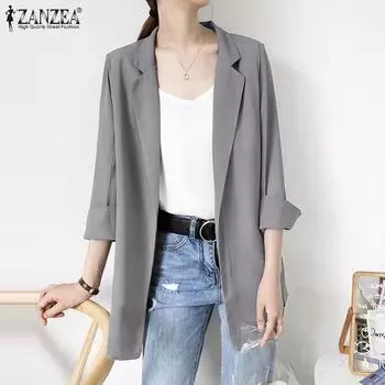 ZANZEA Женская мода однотонный блейзер с длинным рукавом 3XL серый