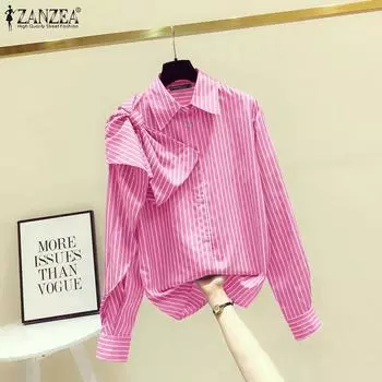 ZANZEA Женская мода полосатые рубашки с заниженной линией плеча и длинным рукавом с завязками S белый