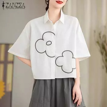 ZANZEA Женская мода рубашка воротник короткий рукав цветочный принт рубашки 3XL белый