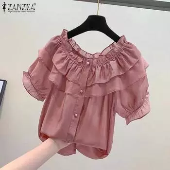 ZANZEA Женская мода с круглым вырезом и коротким рукавом, однотонная свободная блузка с фонариком 5XL розовый