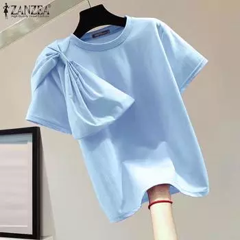 ZANZEA Женская мода с круглым вырезом и коротким рукавом, декоративная завязка, однотонная свободная футболка 5XL белый