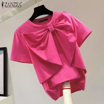 ZANZEA Женская мода с круглым вырезом и коротким рукавом, однотонная свободная блузка с декоративным узлом S белый