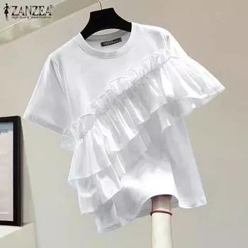 ZANZEA Женская мода с круглым вырезом и рюшами, с коротким рукавом, прямая однотонная свободная футболка