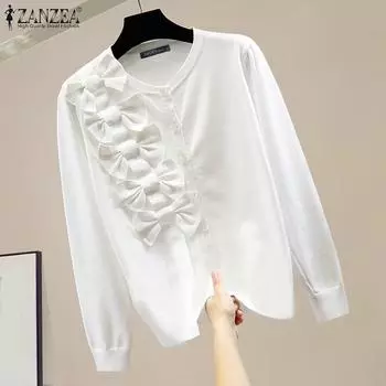 ZANZEA Женская мода с круглым вырезом и длинным рукавом Футболки L белый