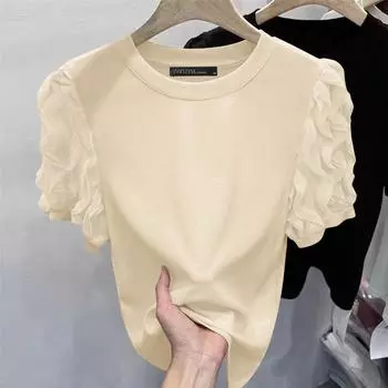 ZANZEA Женская мода с круглым вырезом, кружевным фонариком, коротким рукавом, однотонные свободные футболки бежевый