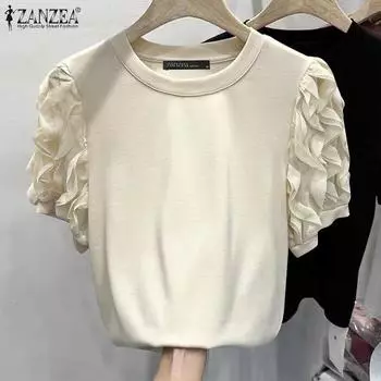 ZANZEA Женская мода с круглым вырезом, кружевным фонариком, коротким рукавом, однотонные свободные футболки M чёрный