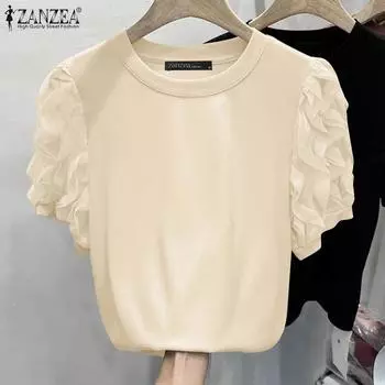 ZANZEA Женская мода с круглым вырезом, кружевным фонариком, коротким рукавом, однотонные свободные футболки M бежевый