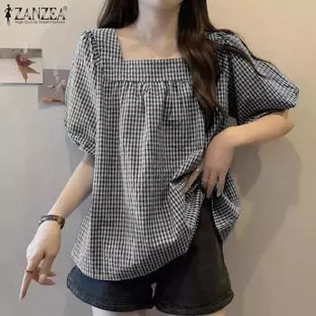 ZANZEA Женская мода с квадратным вырезом и короткими рукавами, клетчатая свободная блузка трапециевидной формы S красный