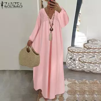 ZANZEA Женская мода с v-образным вырезом и длинным рукавом, кружевное сплошное тонкое платье S чёрный