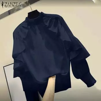 ZANZEA Женская мода с высоким воротом и длинным рукавом, однотонные блузки 5XL зелёный