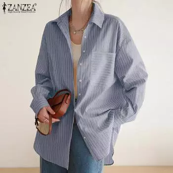 ZANZEA Женская мода с заниженной линией плеча и длинным рукавом с полосатым карманом S жёлтый