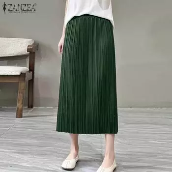 ZANZEA Женская мода средней талии плиссированная однотонная свободная прямая юбка 2XL чёрный