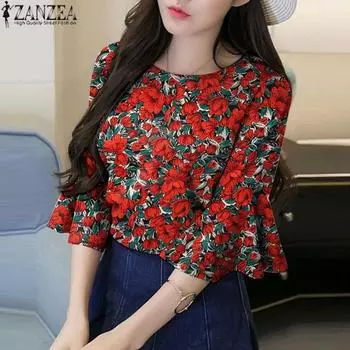 ZANZEA Женская мода Круглый вырез горловины Оборка Половина рукава Цветочный принт Свободная блузка 4XL фиолетовый