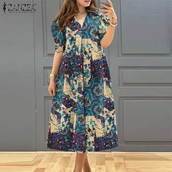 ZANZEA Женская мода V-образный вырез буфы короткий рукав принт А-силуэт карман платья M красный