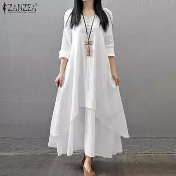 ZANZEA Женская мода V-образный вырез длинный рукав однотонные многослойные платья S чёрный