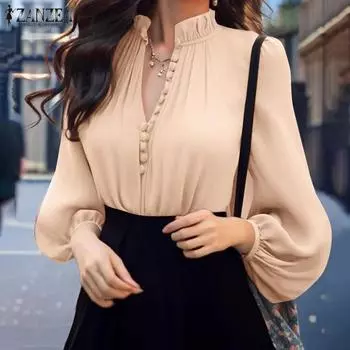 ZANZEA Женская мода V-образный вырез Фонарь Длинный рукав Оборки Пуговицы Рубашки 2XL