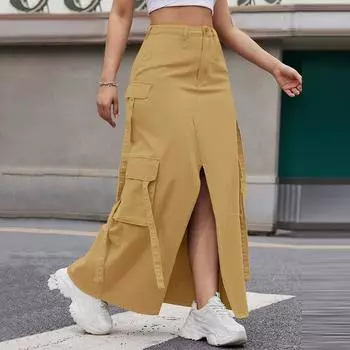 ZANZEA Женская мода Высокая талия Карман Прямые разрезы Юбки S хаки