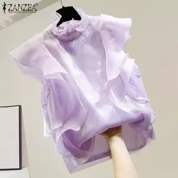 ZANZEA Женская мода водолазка с оборками на рукавах однотонная свободная майка S белый