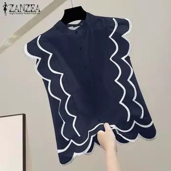 ZANZEA Женская мода воротник-стойка без рукавов волнистый край принтованный жилет 4XL темно-синий
