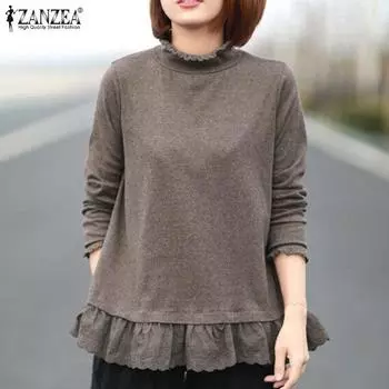 ZANZEA Женская мода воротник стойка длинный рукав кружева полые трикотажные футболки 3XL зелёный