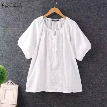 ZANZEA Женская модная блузка А-силуэта с круглым вырезом и короткими рукавами S белый