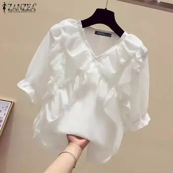 ZANZEA Женская модная блузка с коротким рукавом и V-образным вырезом и оборками