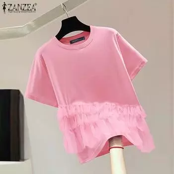 ZANZEA Женская модная блузка с круглым вырезом и короткими рукавами, оборками и многослойным подолом S розовый