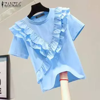 ZANZEA Женская модная блузка с круглым вырезом и коротким рукавом, украшенная цветком S синий