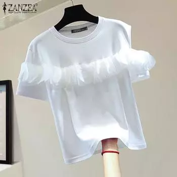 ZANZEA Женская модная блузка с круглым вырезом и коротким рукавом с трехмерным цветочным принтом