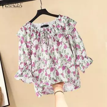 ZANZEA Женская модная блузка с круглым вырезом и коротким рукавом с цветочным принтом