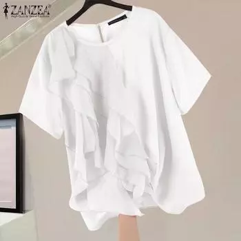 ZANZEA Женская модная блузка с круглым вырезом и короткими рукавами, многослойная блузка с рюшами