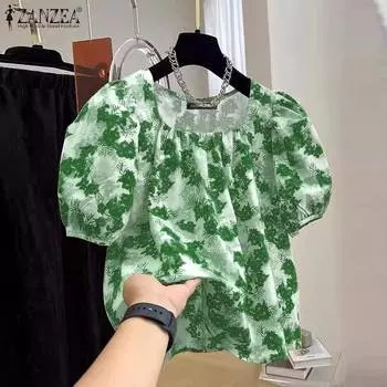 ZANZEA Женская модная блузка с вырезом лодочкой и коротким рукавом с цветочным принтом M жёлтый