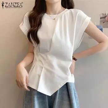 ZANZEA Женская модная футболка с круглым вырезом и коротким рукавом на талии с нерегулярным подолом