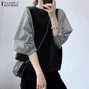 ZANZEA Женская модная клетчатая лоскутная блузка с рукавами 3/4, футболка, топы S чёрный