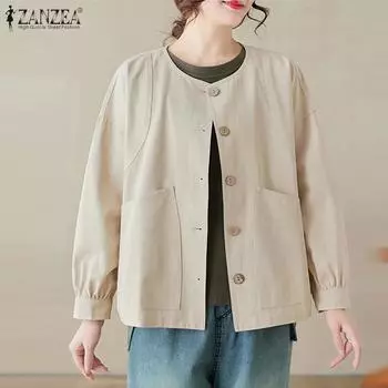 ZANZEA Женская модная куртка с круглым вырезом и длинными рукавами, однотонная 4XL хаки